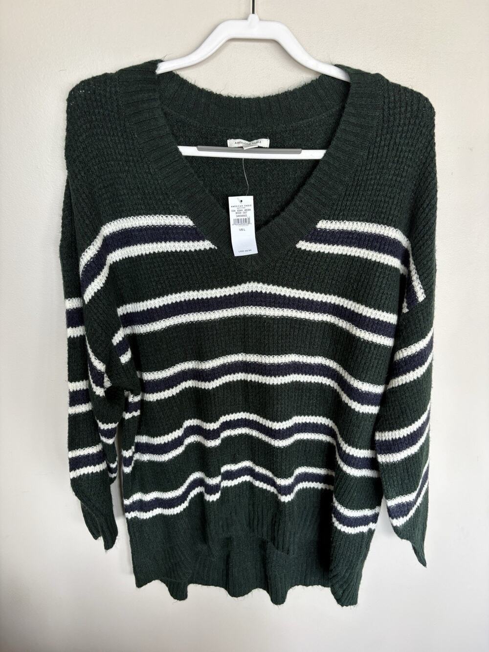 NWT American Eagle Womens L Green Striped Chenille Knit Sweater Soft Cozy